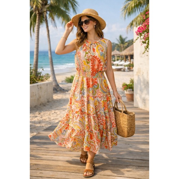 MSK Dresses & Skirts - MSK Maxi Dress Womens XL Boho Paisley Tiered Smocked Artsy Resort Romantic